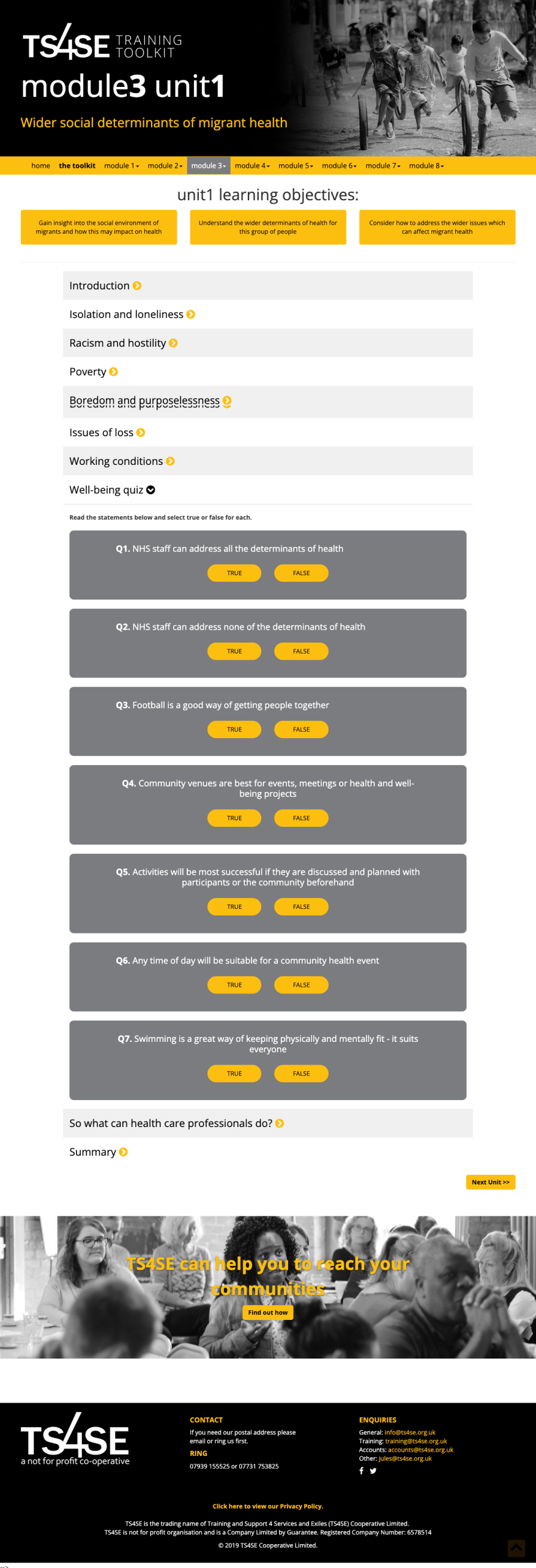 TS4SE Training Toolkit - Module 3 - showing interactive true-or-false questions